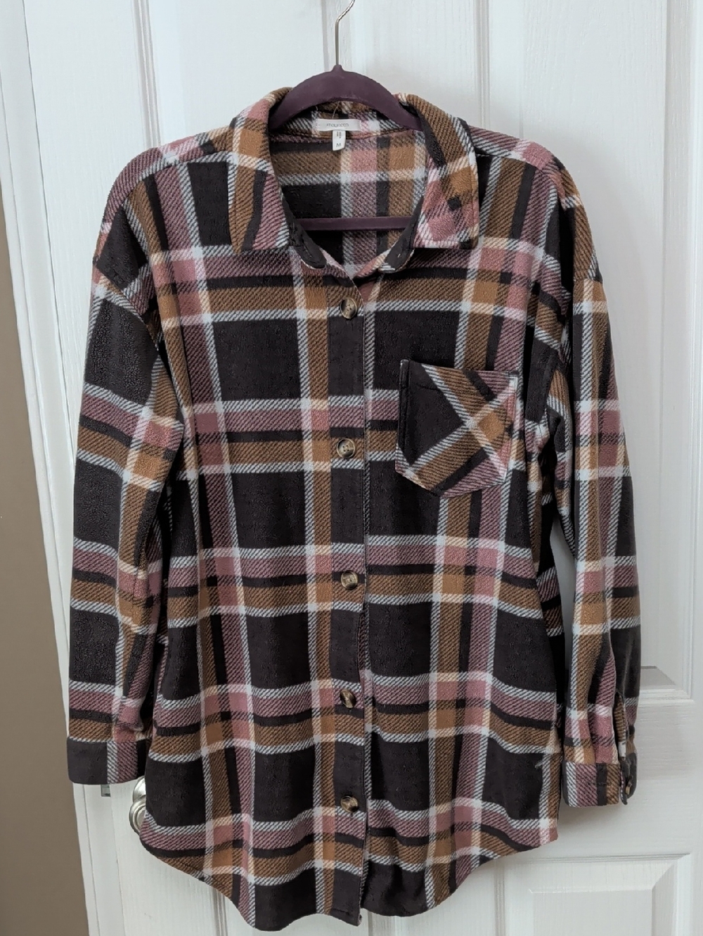 Maurices Plaid Shacket Medium Pink Brown Gray Oversized Button Front Flannel